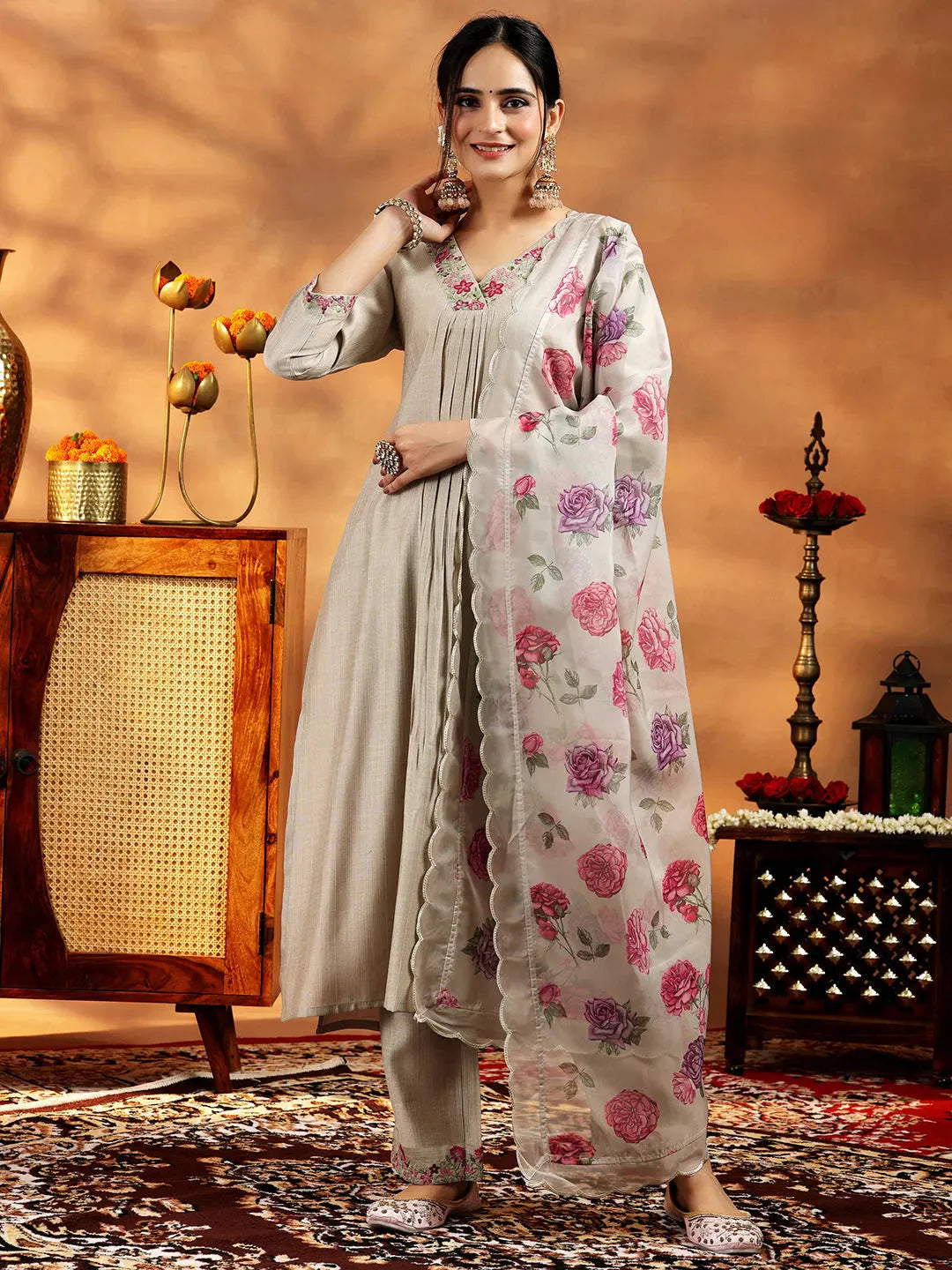 Beige Silk Blend Straight Cut Suit with Intricate Yoke Detailing and Coordinated Dupatta