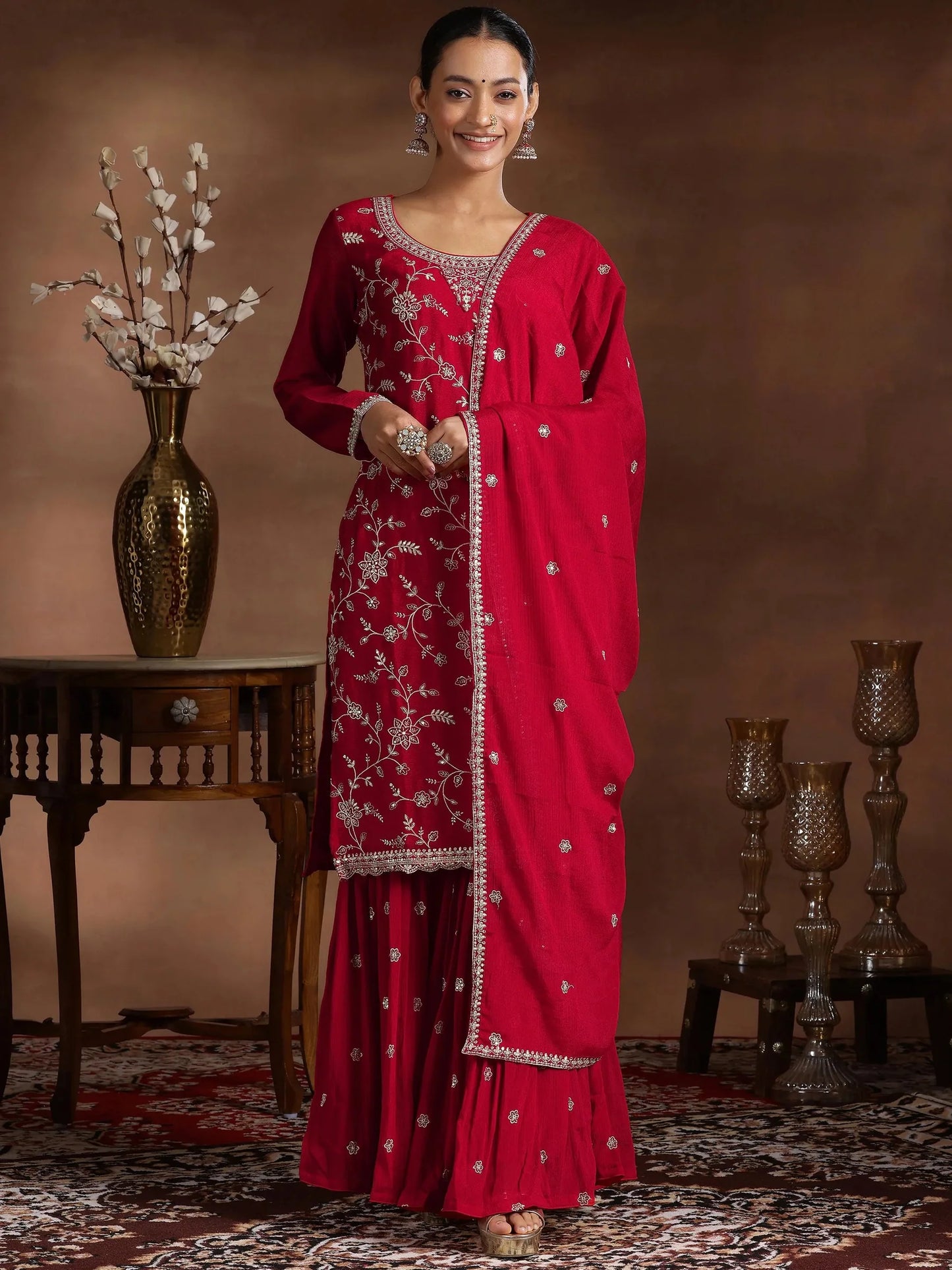 Fashionable Red Silk Blend Straight Suit with Embroidery and Dupatta for Women Party Wear