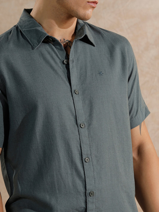 Solid Linen Blend Dark Blue Shirt Slim Fit Modern Casual and Semi Formal Style