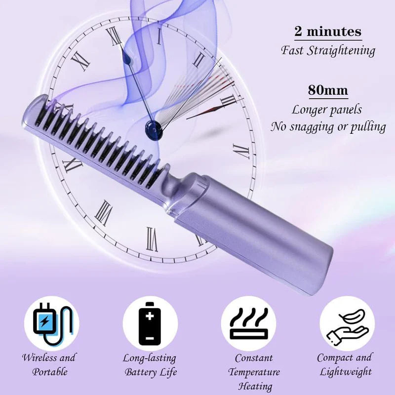 Portable Rechargeable Hair Straightening Comb with Safety Shut Off