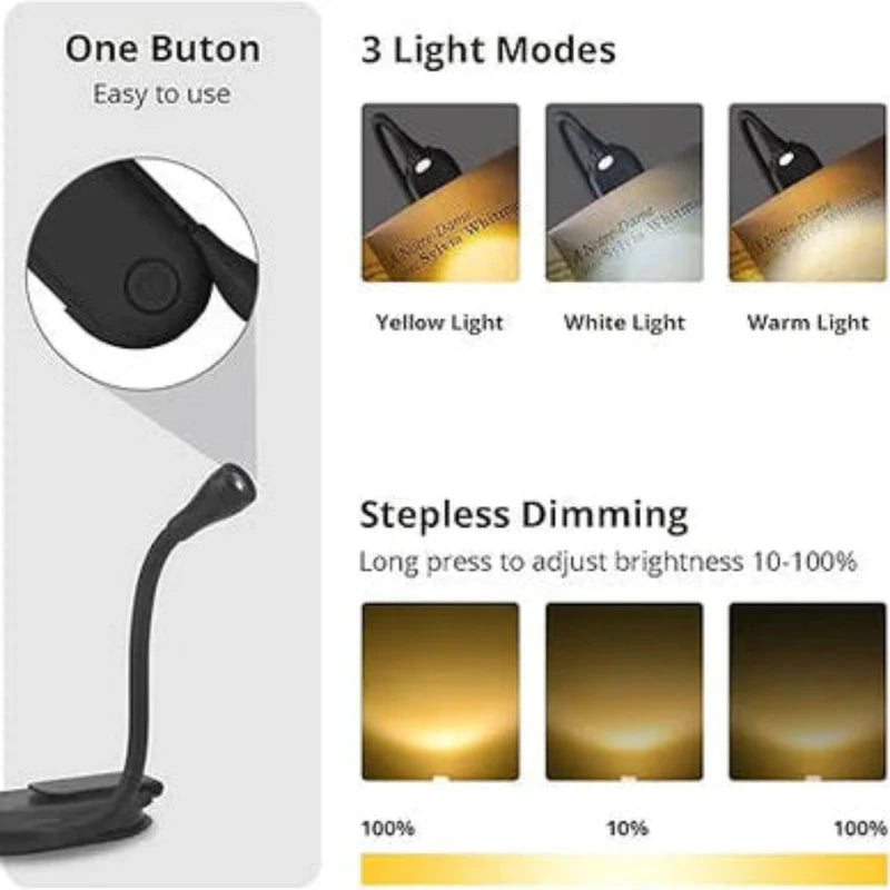 Rechargeable Night Reading Lamp with 3 Light Modes and Gooseneck Design