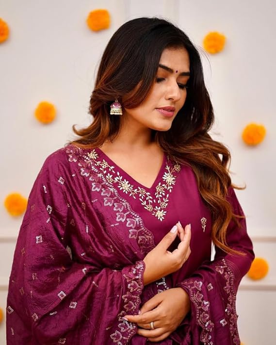 Luxury Inspired Wine Embroidered Viscose Kurta Pant Dupatta Set