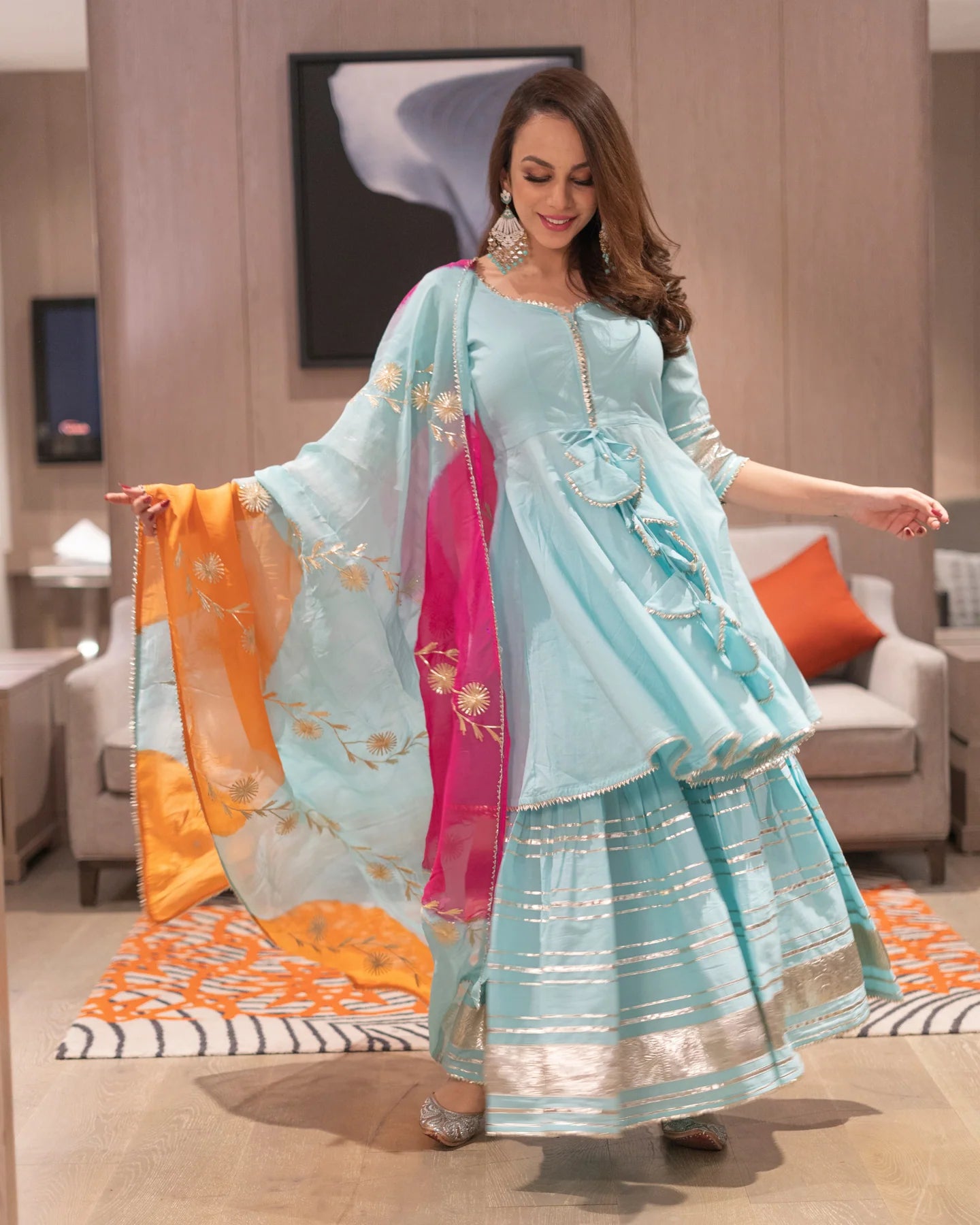 Stylish Women’s Adonis Blue Gotapatti Embroidered Sharara Set with Kurta and Dupatta for Modern Ethnic Wear