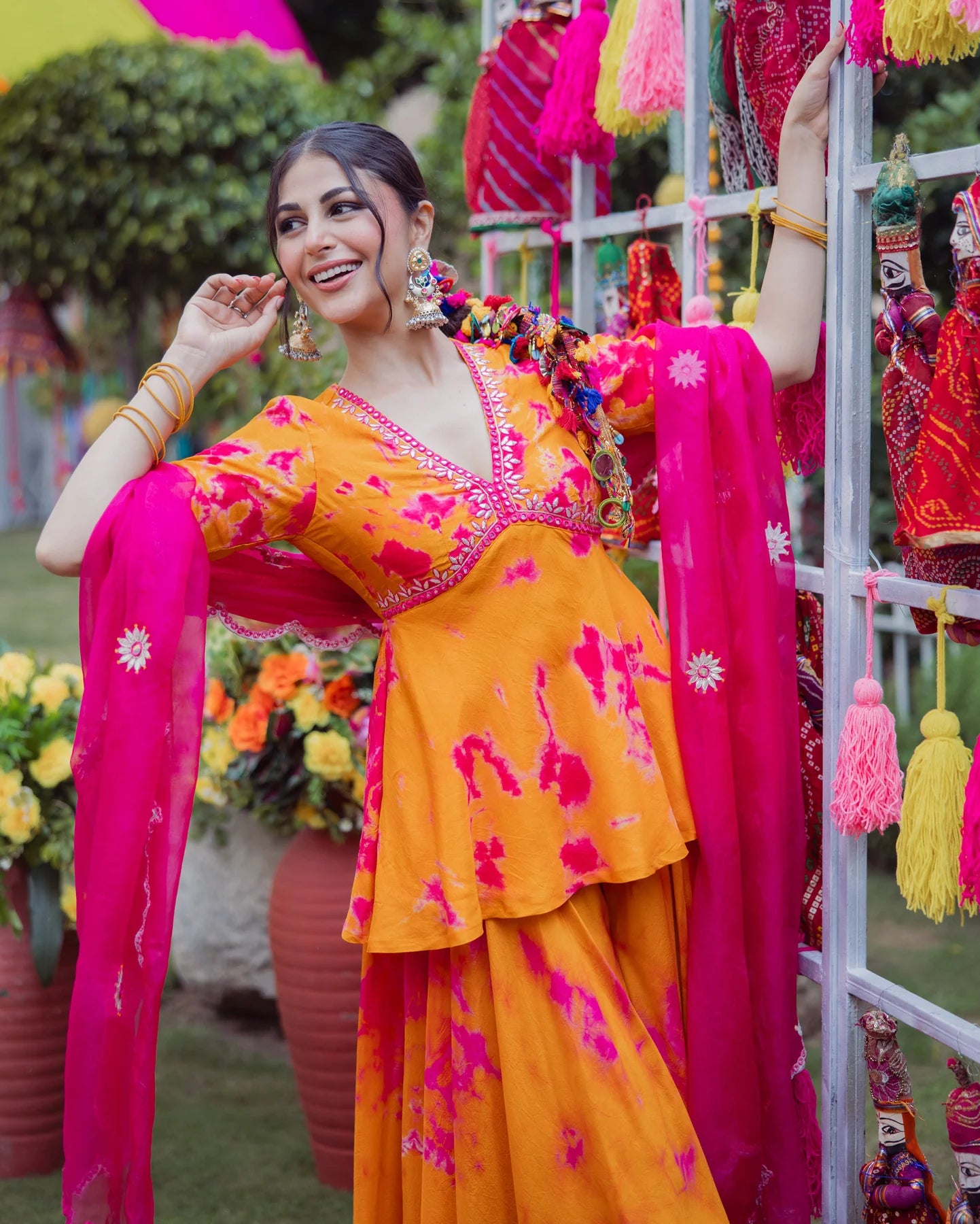 Festive Wear Orange Pink Tie Dye Muslin Sharara Ensemble with Traditional and Modern Fusion Style
