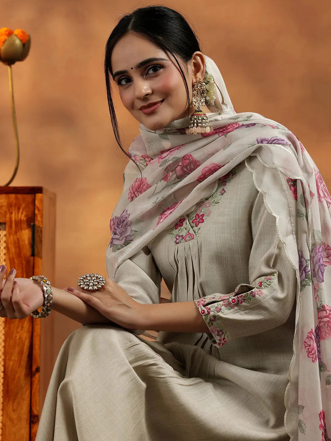 Beige Silk Blend Straight Cut Suit with Intricate Yoke Detailing and Coordinated Dupatta