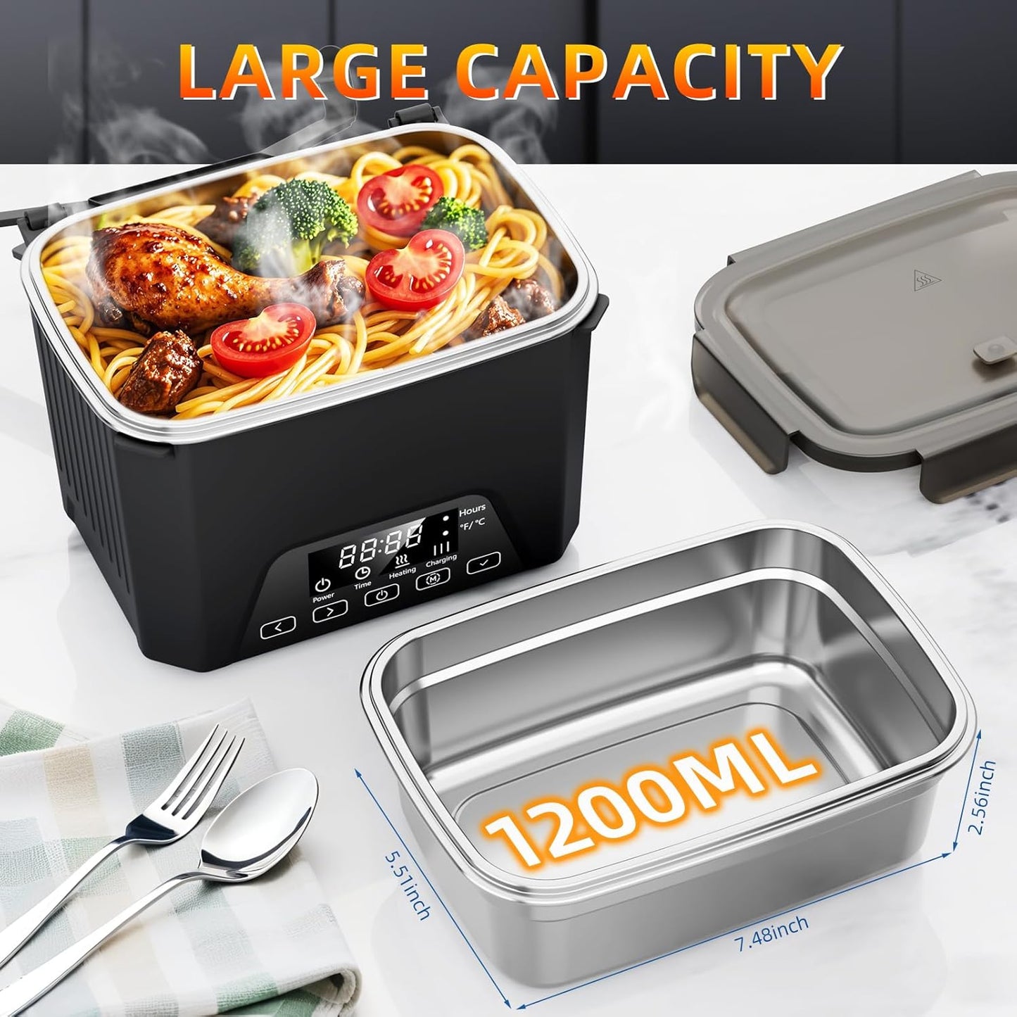 Compact Cordless Electric Lunch Box 1.2L Self Heating BPA Free Portable Food Container Black
