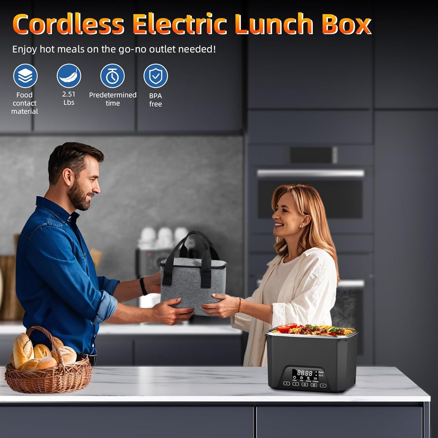 Compact Cordless Electric Lunch Box 1.2L Self Heating BPA Free Portable Food Container Black