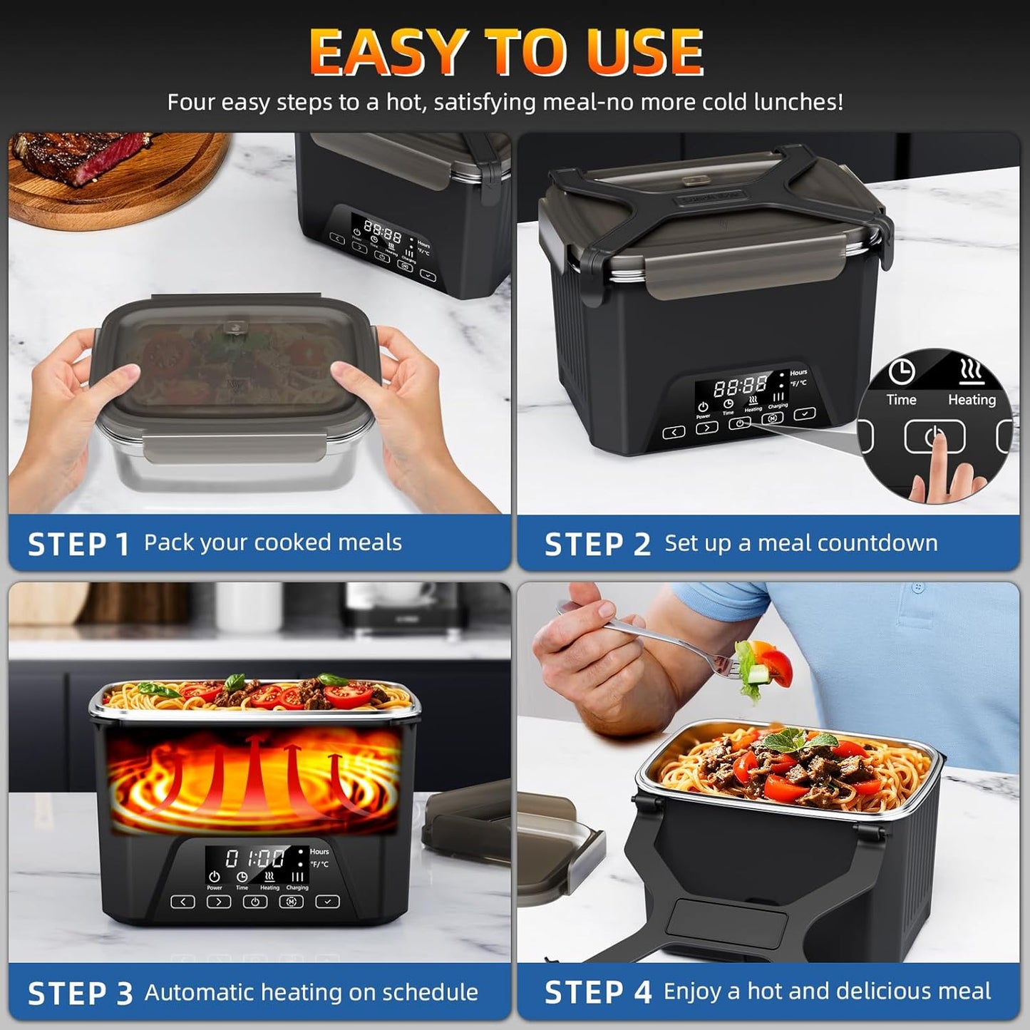Compact Cordless Electric Lunch Box 1.2L Self Heating BPA Free Portable Food Container Black