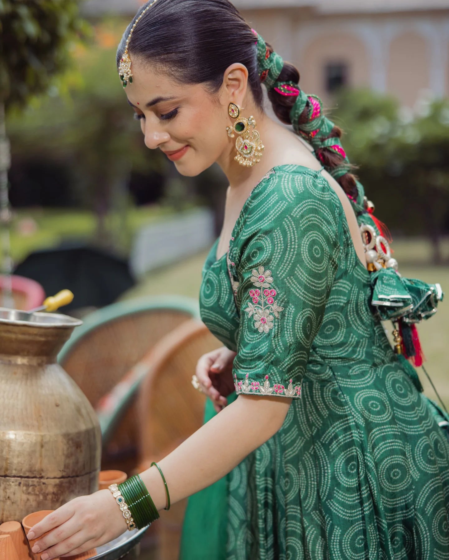 Party Wear Dark Green Bandhani Chanderi Suit Set with Dupatta for Women