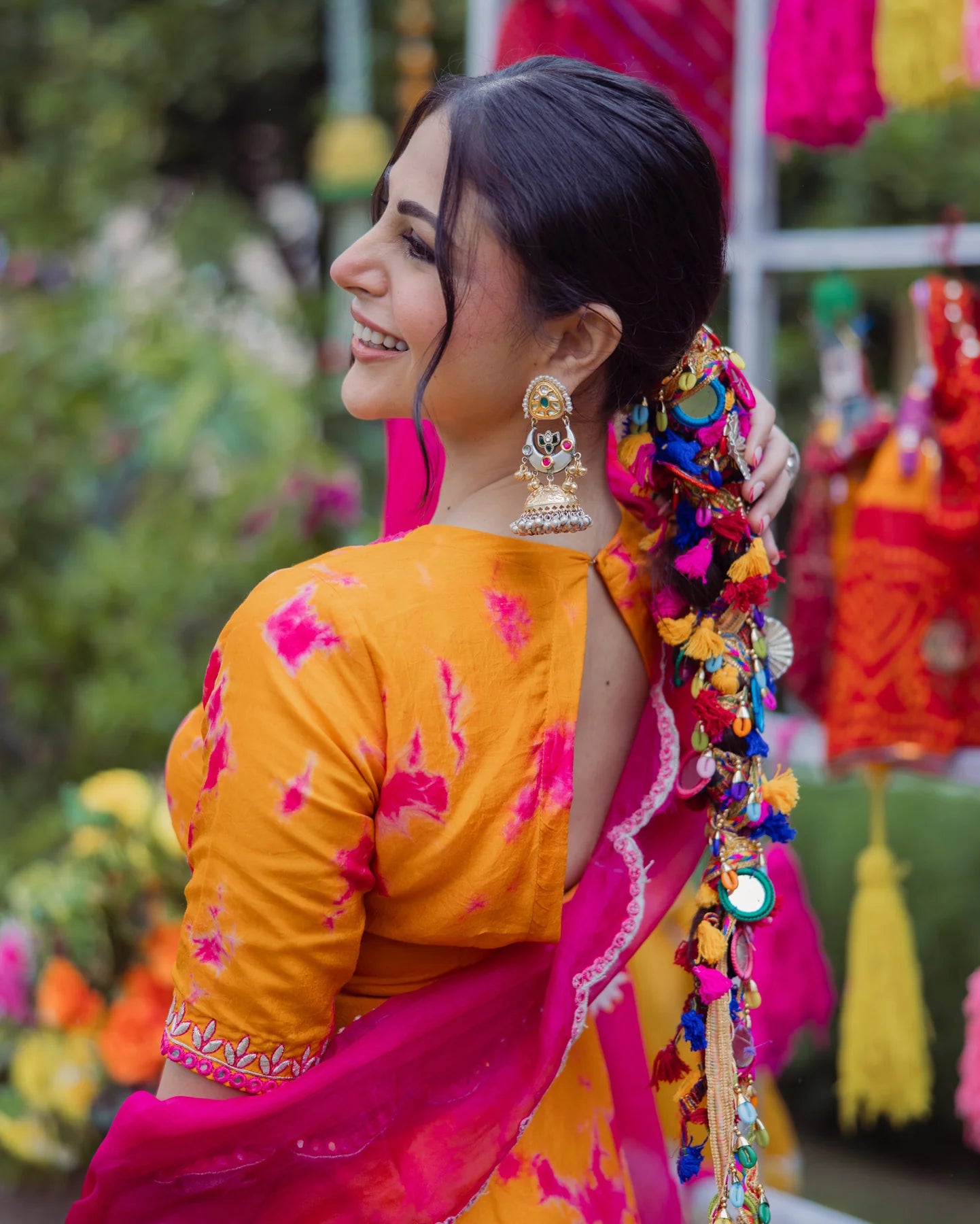 Festive Wear Orange Pink Tie Dye Muslin Sharara Ensemble with Traditional and Modern Fusion Style