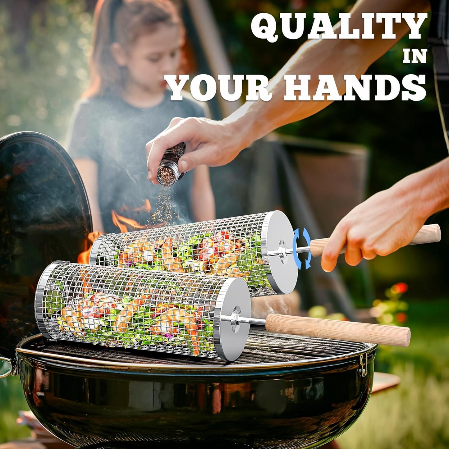 Stainless Steel Rolling Grill Basket Portable BBQ Tool with Wooden Handle for Grilled Vegetables