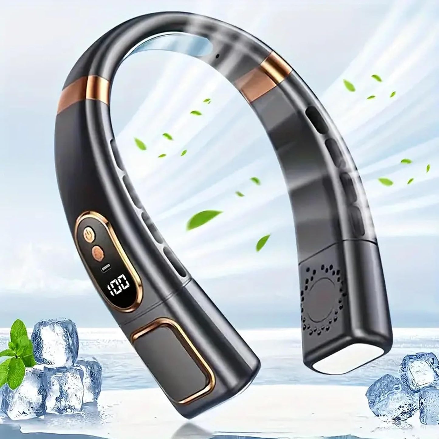 Wearable Neck Fan with Bladeless Airflow LED Light 9000mAh Rechargeable Battery