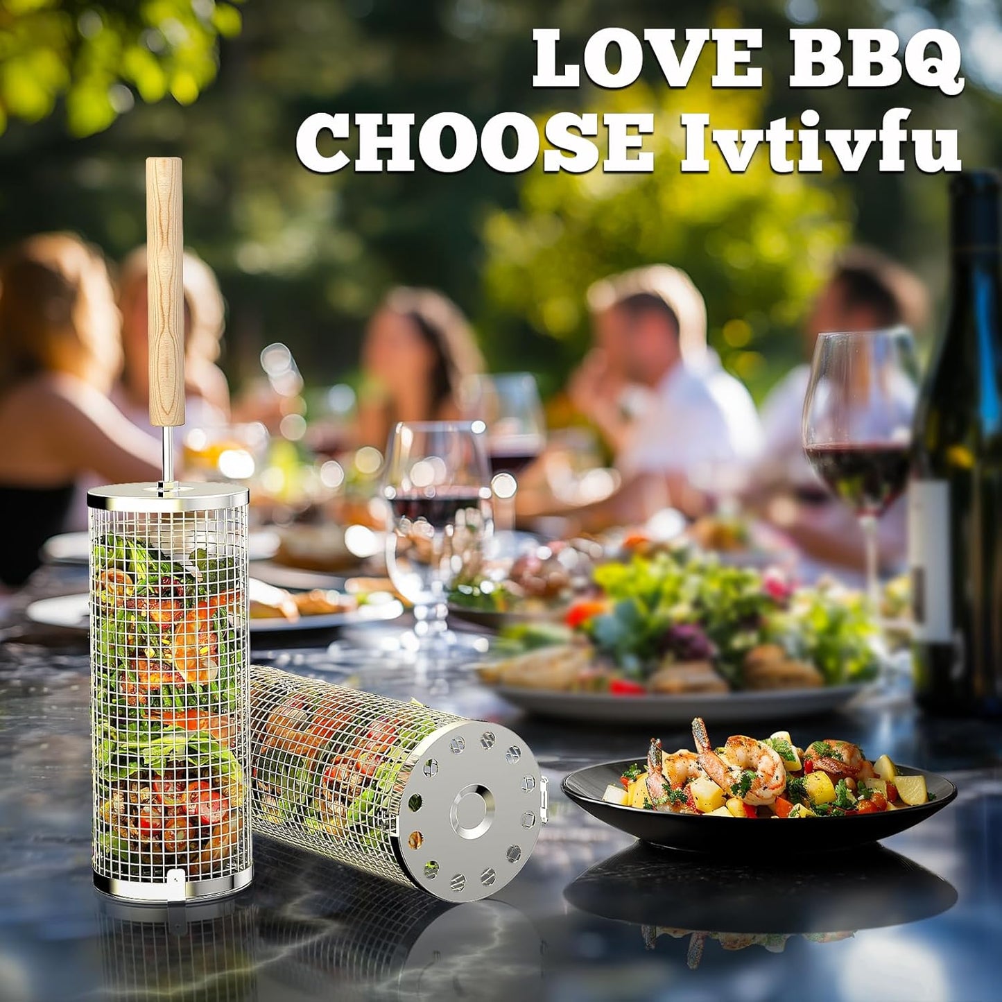 Stainless Steel Rolling Grill Basket Portable BBQ Tool with Wooden Handle for Grilled Vegetables