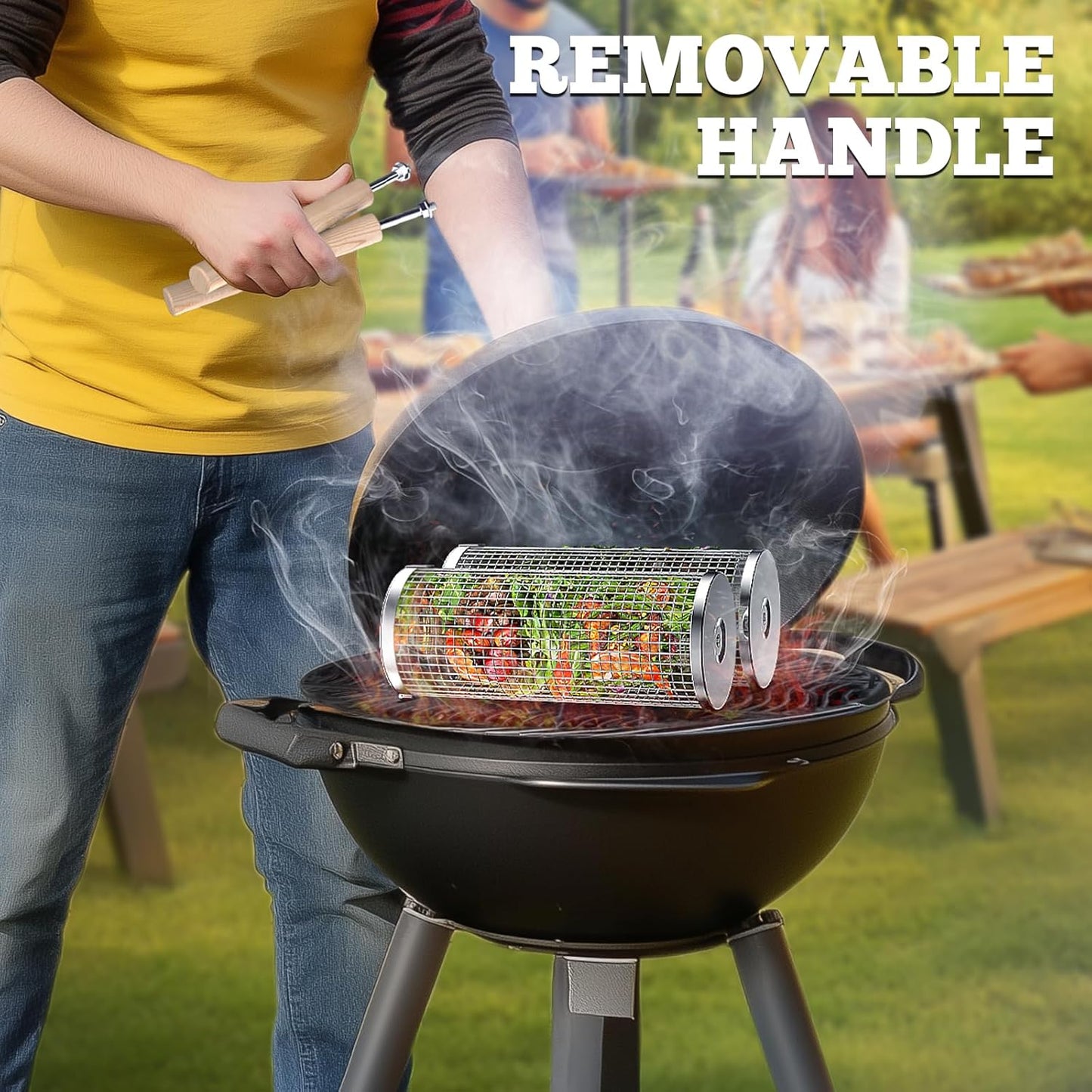 Stainless Steel Rolling Grill Basket Portable BBQ Tool with Wooden Handle for Grilled Vegetables