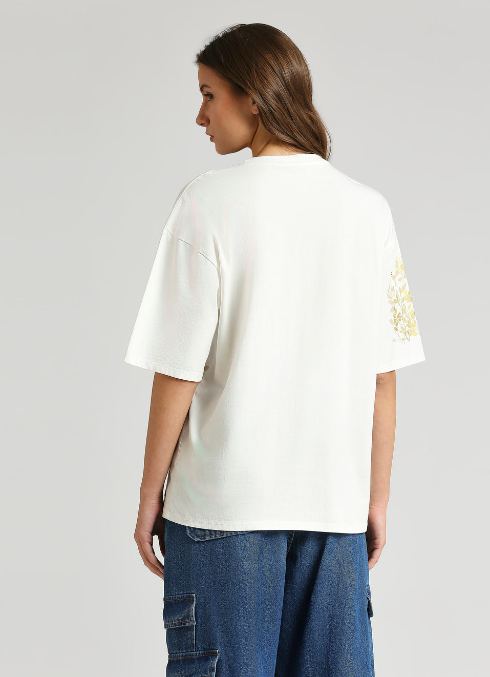 Fashionable White Oversized Tee with Drop Shoulder and Shiny Foil Printed Detail