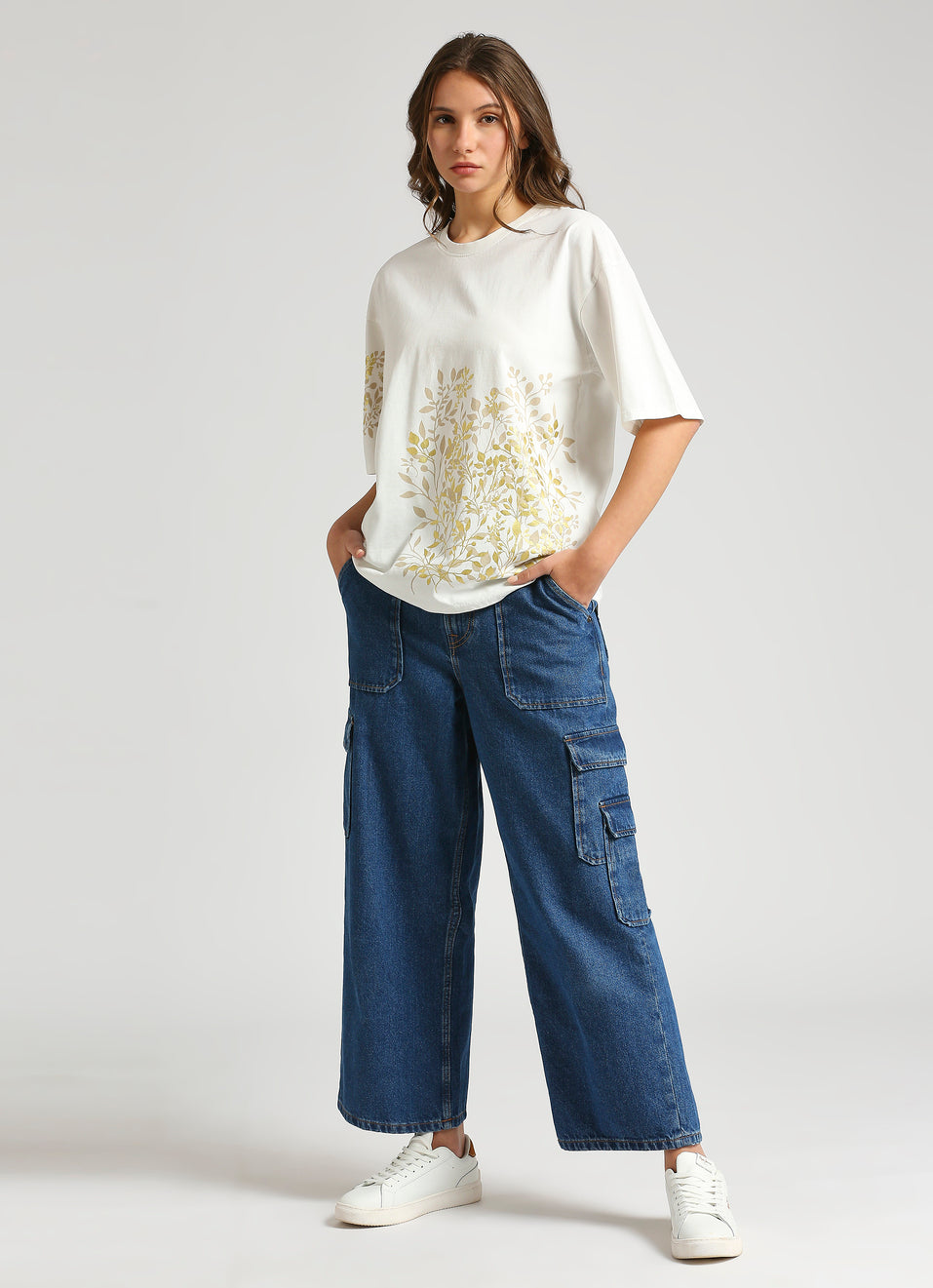 Fashionable White Oversized Tee with Drop Shoulder and Shiny Foil Printed Detail