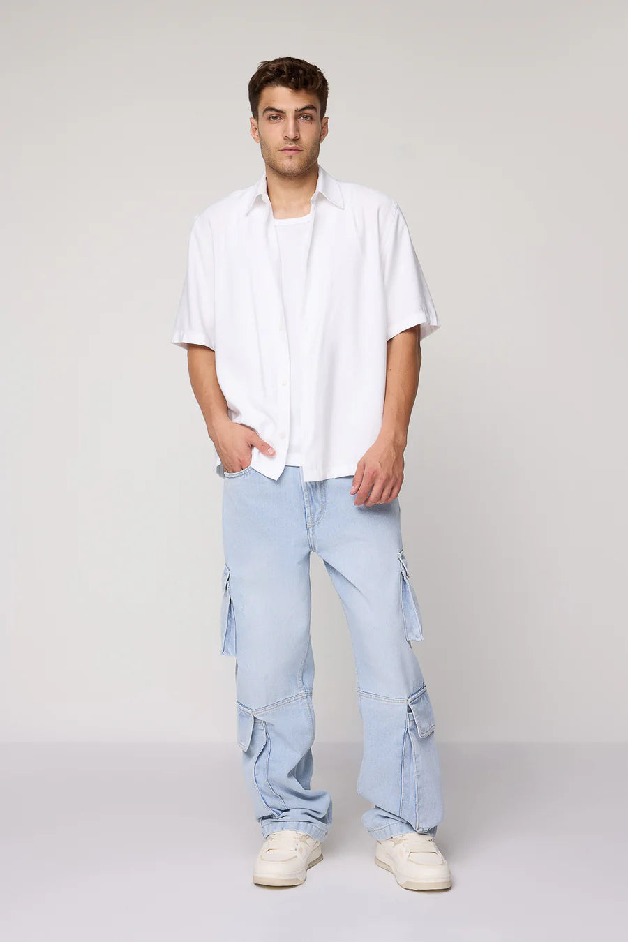 Men’s Straight Fit Sky Blue Cargo Jeans Practical Utility Design Soft Fabric