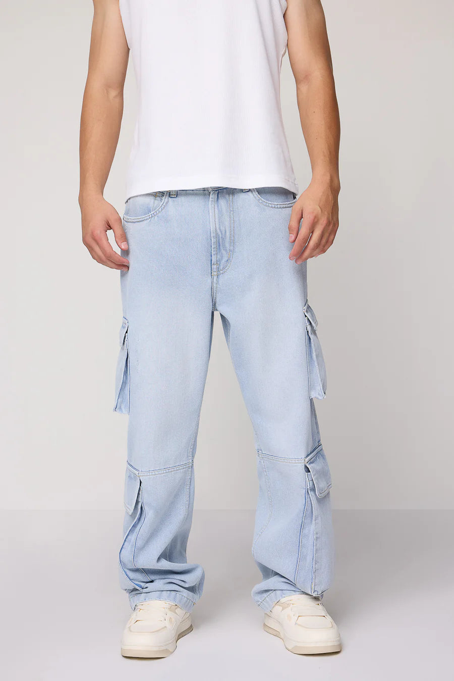 Men’s Straight Fit Sky Blue Cargo Jeans Practical Utility Design Soft Fabric