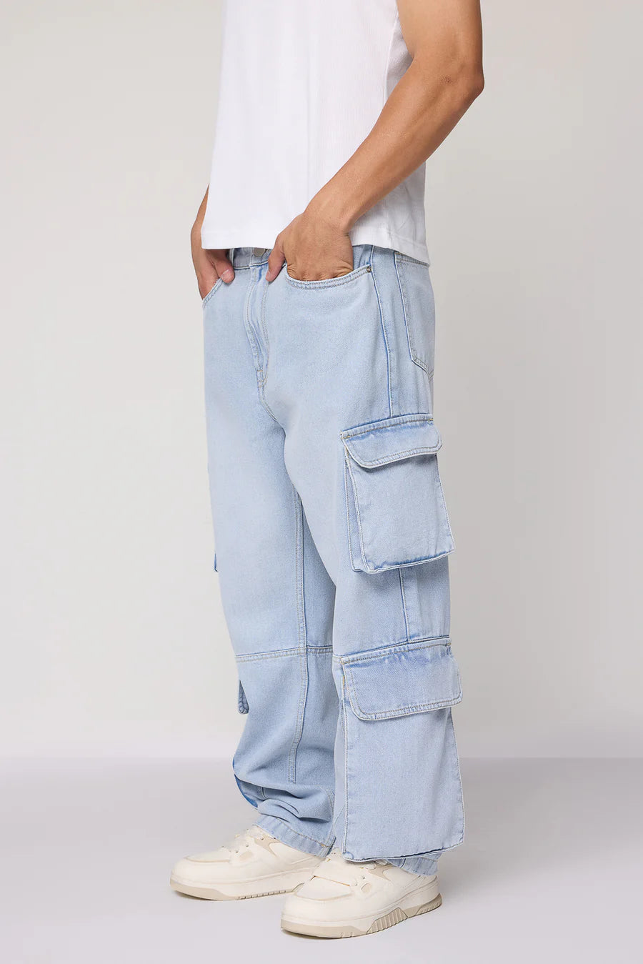 Men’s Straight Fit Sky Blue Cargo Jeans Practical Utility Design Soft Fabric