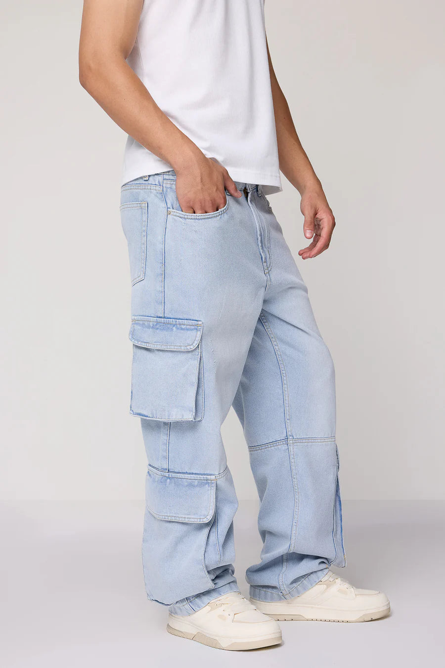 Men’s Straight Fit Sky Blue Cargo Jeans Practical Utility Design Soft Fabric