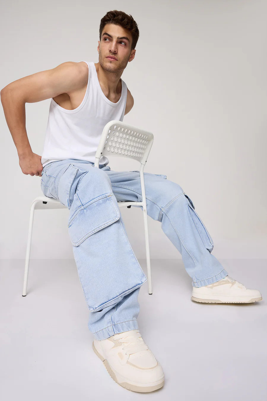 Men’s Straight Fit Sky Blue Cargo Jeans Practical Utility Design Soft Fabric