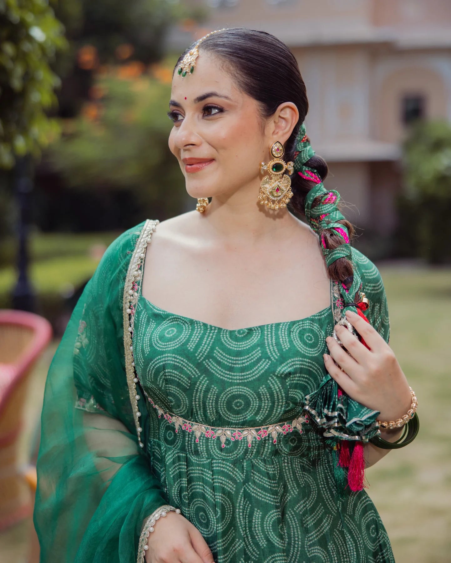 Party Wear Dark Green Bandhani Chanderi Suit Set with Dupatta for Women