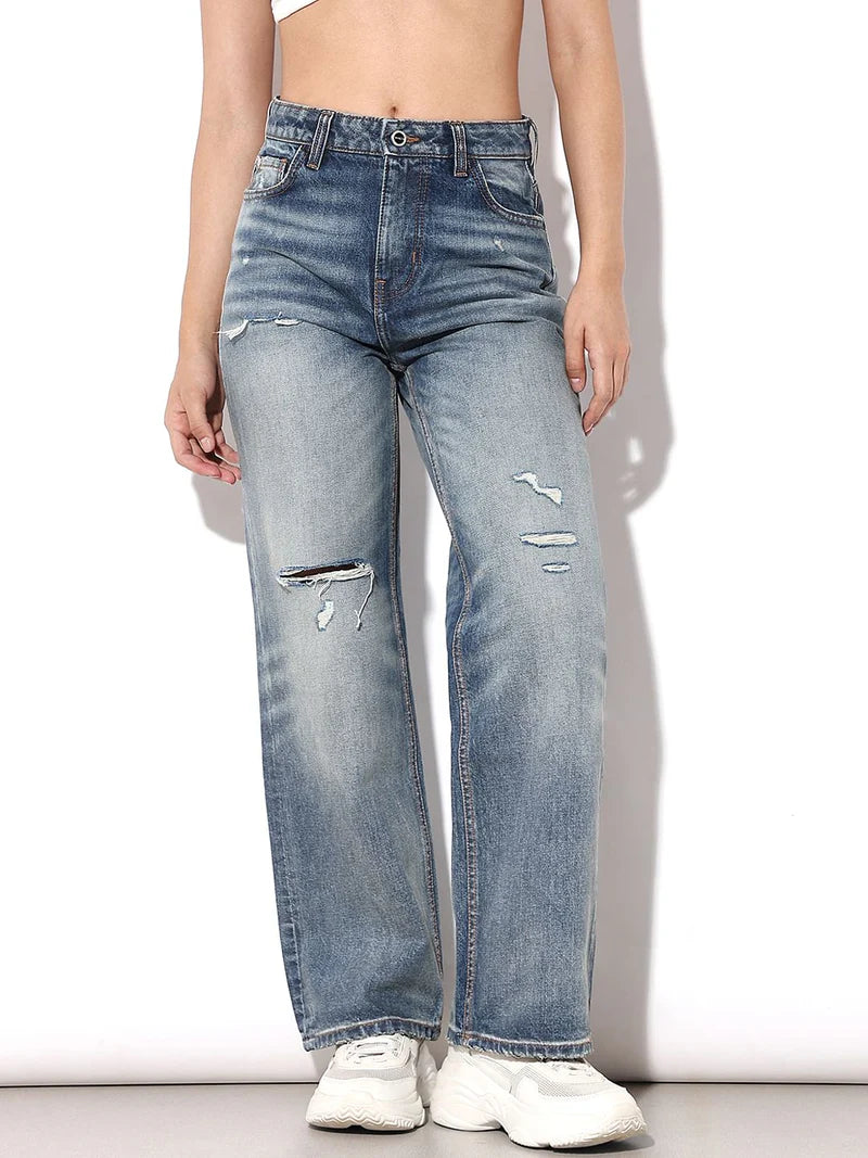 Everyday Womens Blue High Rise Distressed Straight Jeans with Minimalist Design