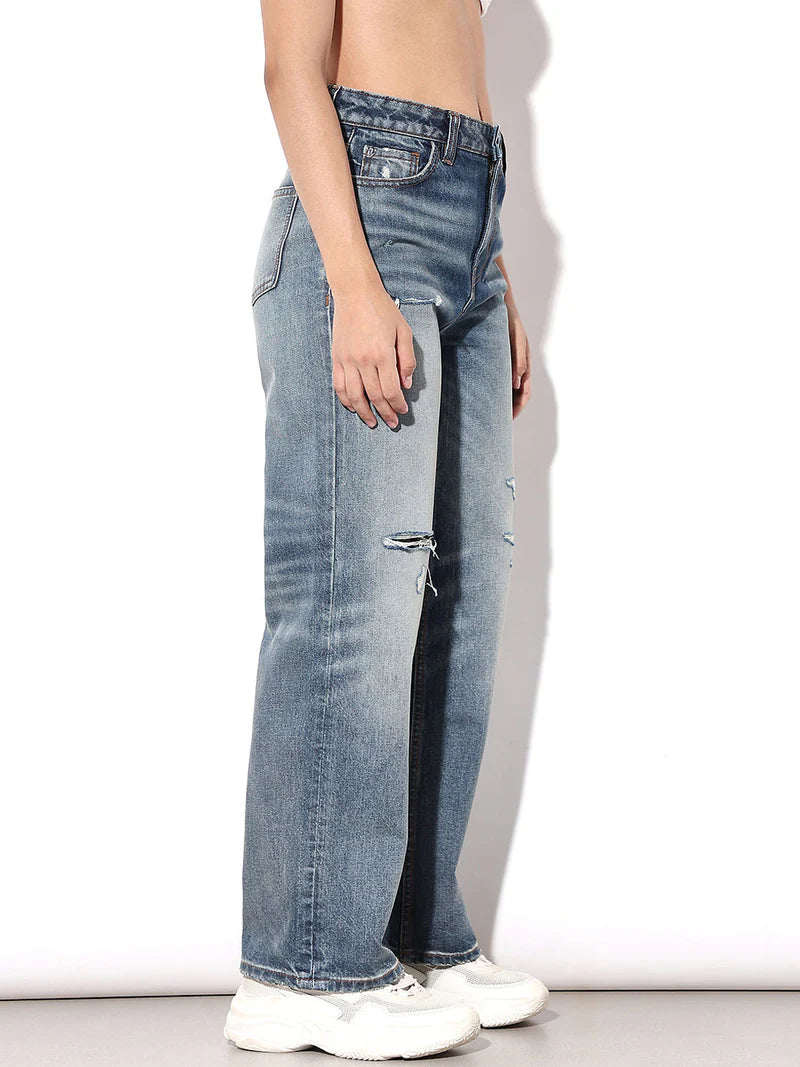 Everyday Womens Blue High Rise Distressed Straight Jeans with Minimalist Design