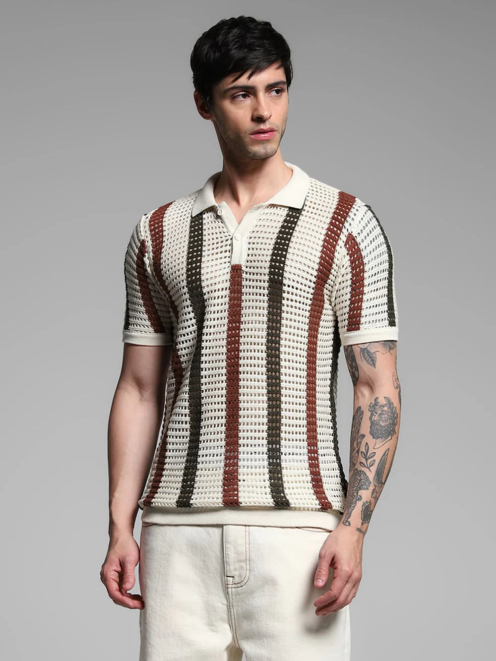 Men’s Cream Striped Knitted Polo T-Shirt with Classic Collar Design