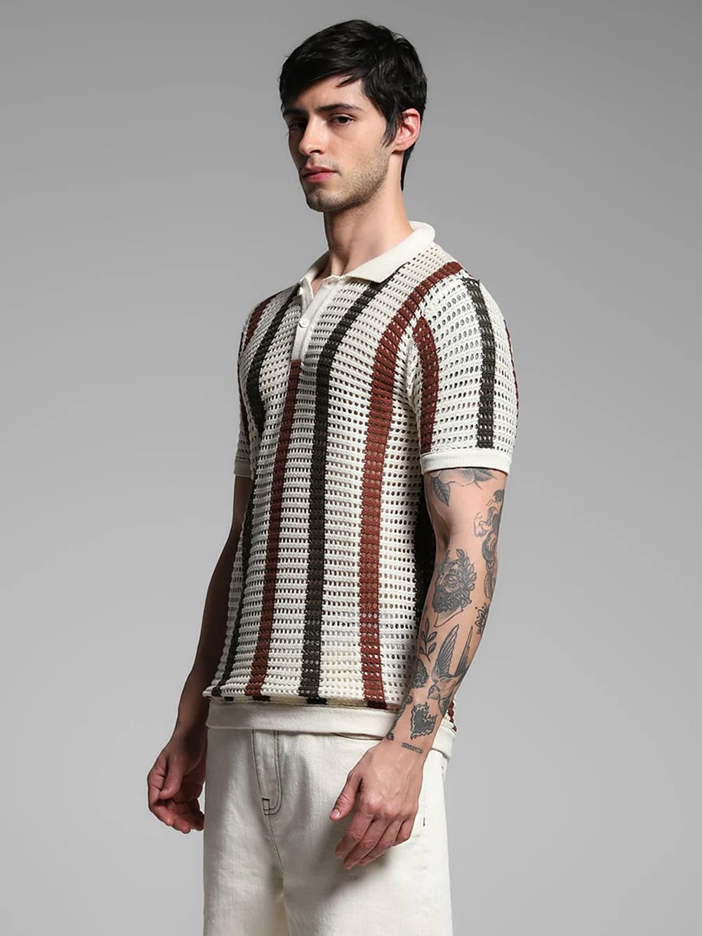Men’s Cream Striped Knitted Polo T-Shirt with Classic Collar Design