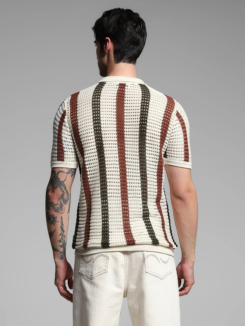 Men’s Cream Striped Knitted Polo T-Shirt with Classic Collar Design