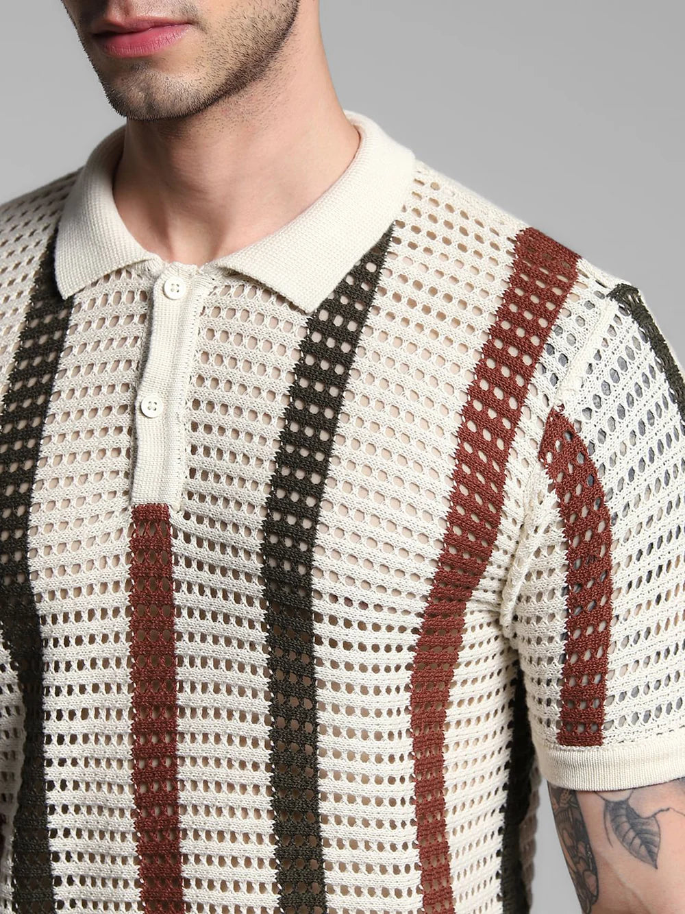 Men’s Cream Striped Knitted Polo T-Shirt with Classic Collar Design