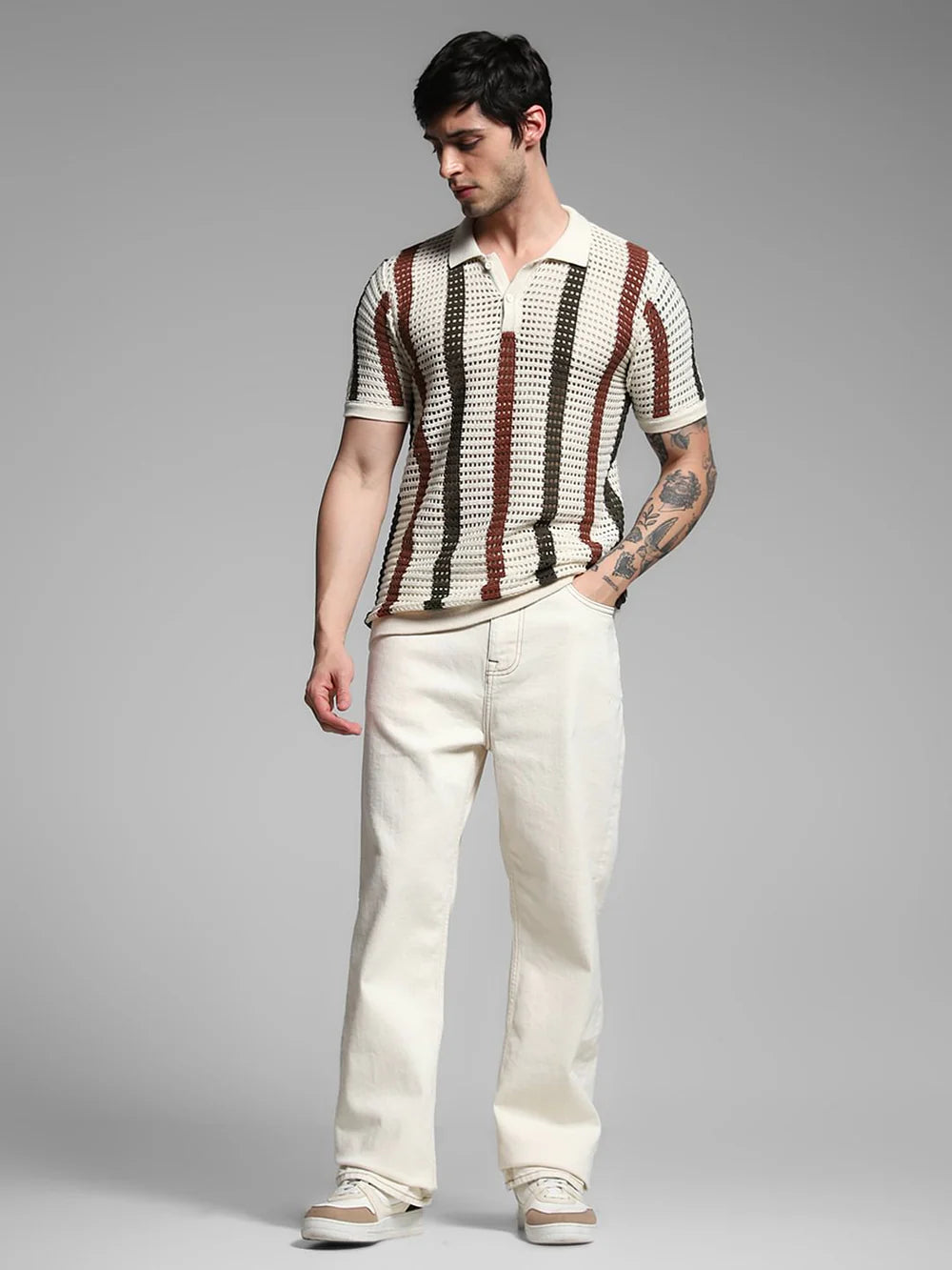 Men’s Cream Striped Knitted Polo T-Shirt with Classic Collar Design