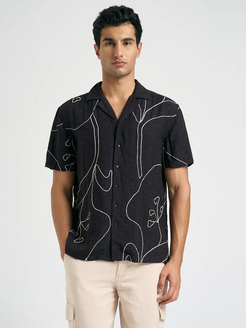 Casual Black Printed Resort Collar Shirt Men Relaxed Fit Trendy Daily Outfit