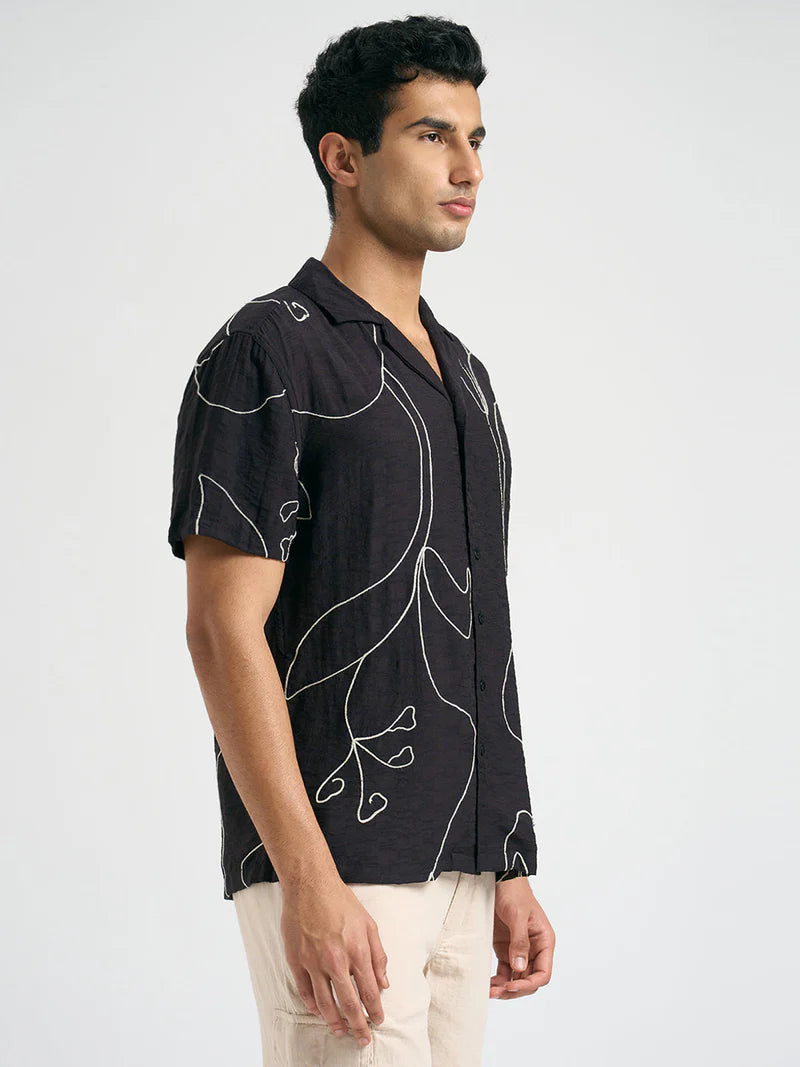 Casual Black Printed Resort Collar Shirt Men Relaxed Fit Trendy Daily Outfit