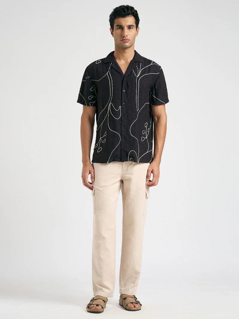 Casual Black Printed Resort Collar Shirt Men Relaxed Fit Trendy Daily Outfit