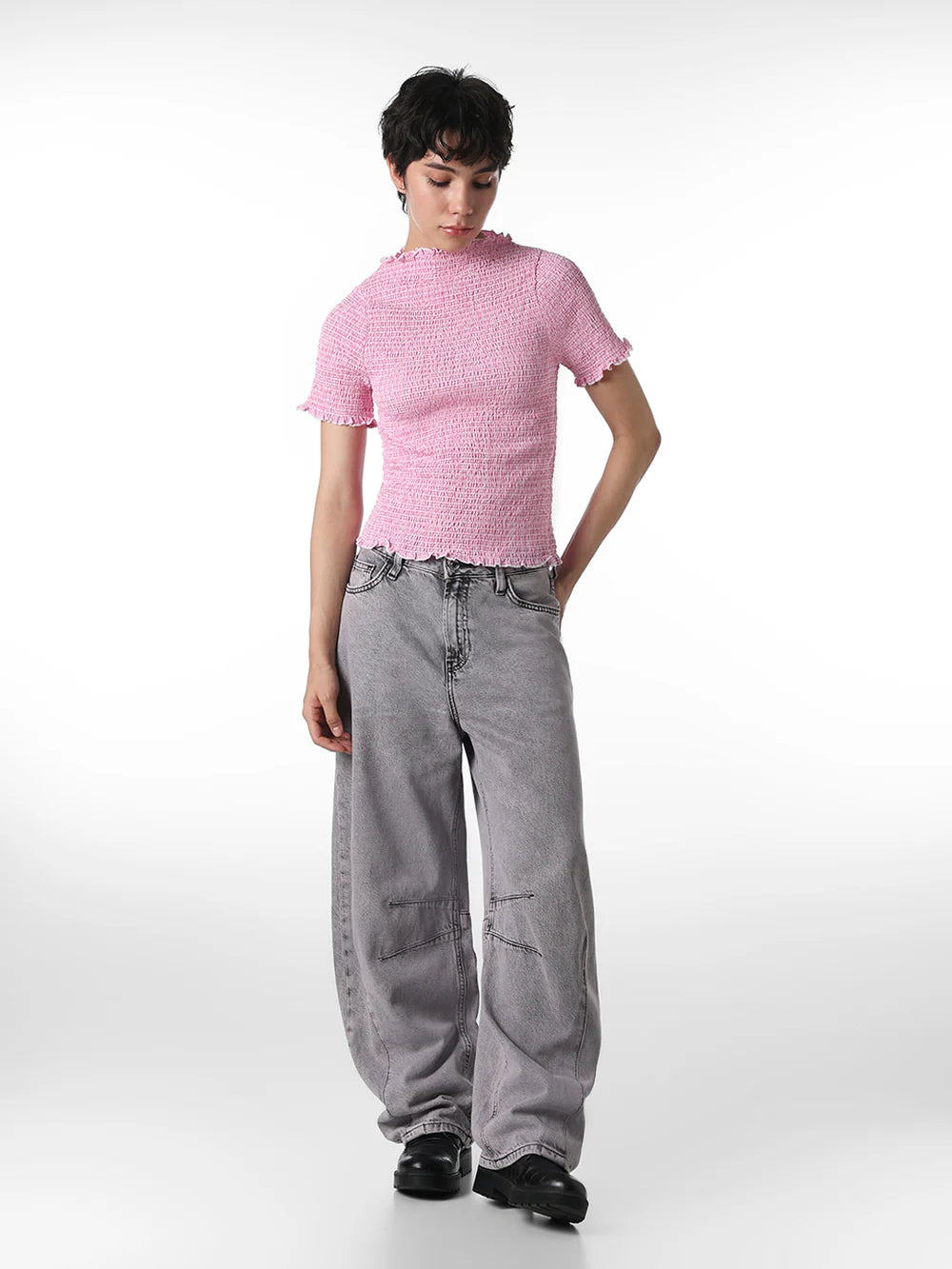 Soft Cotton Pink Smocked Fitted Top for Women’s Daily Wear