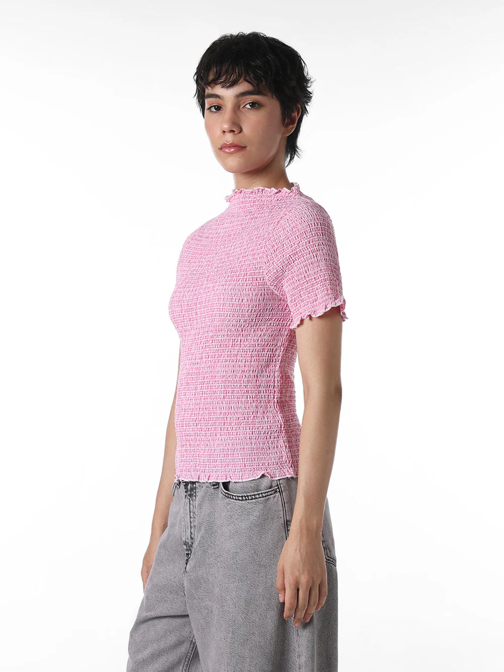 Soft Cotton Pink Smocked Fitted Top for Women’s Daily Wear