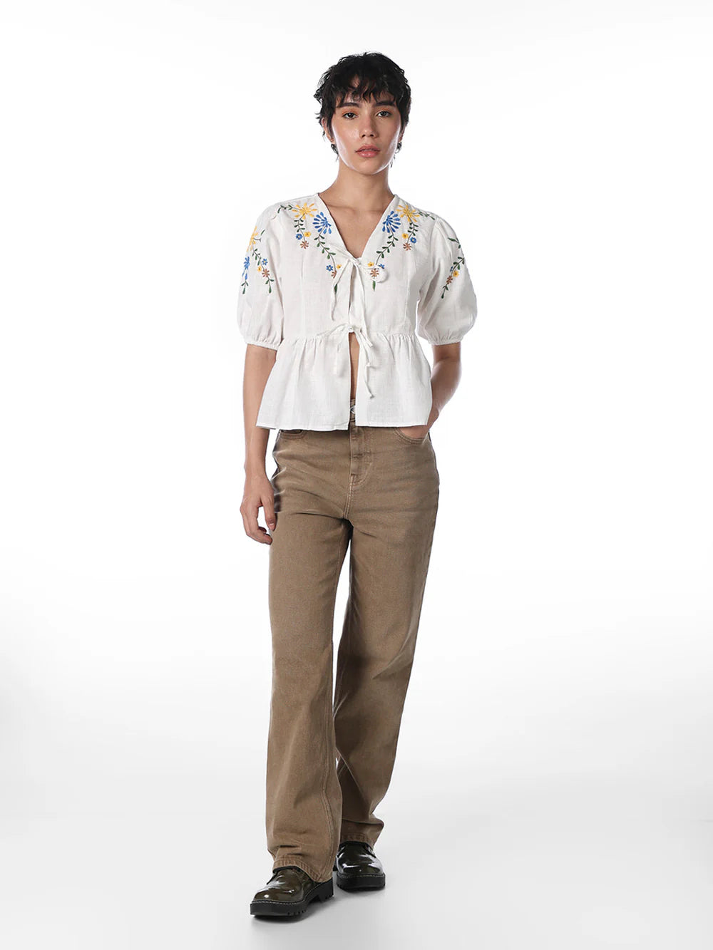 Modern Women’s White Embroidered Cotton Top for Office and Casual Wear