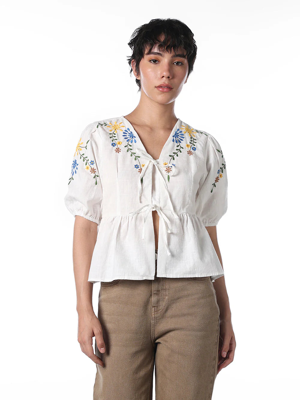 Modern Women’s White Embroidered Cotton Top for Office and Casual Wear