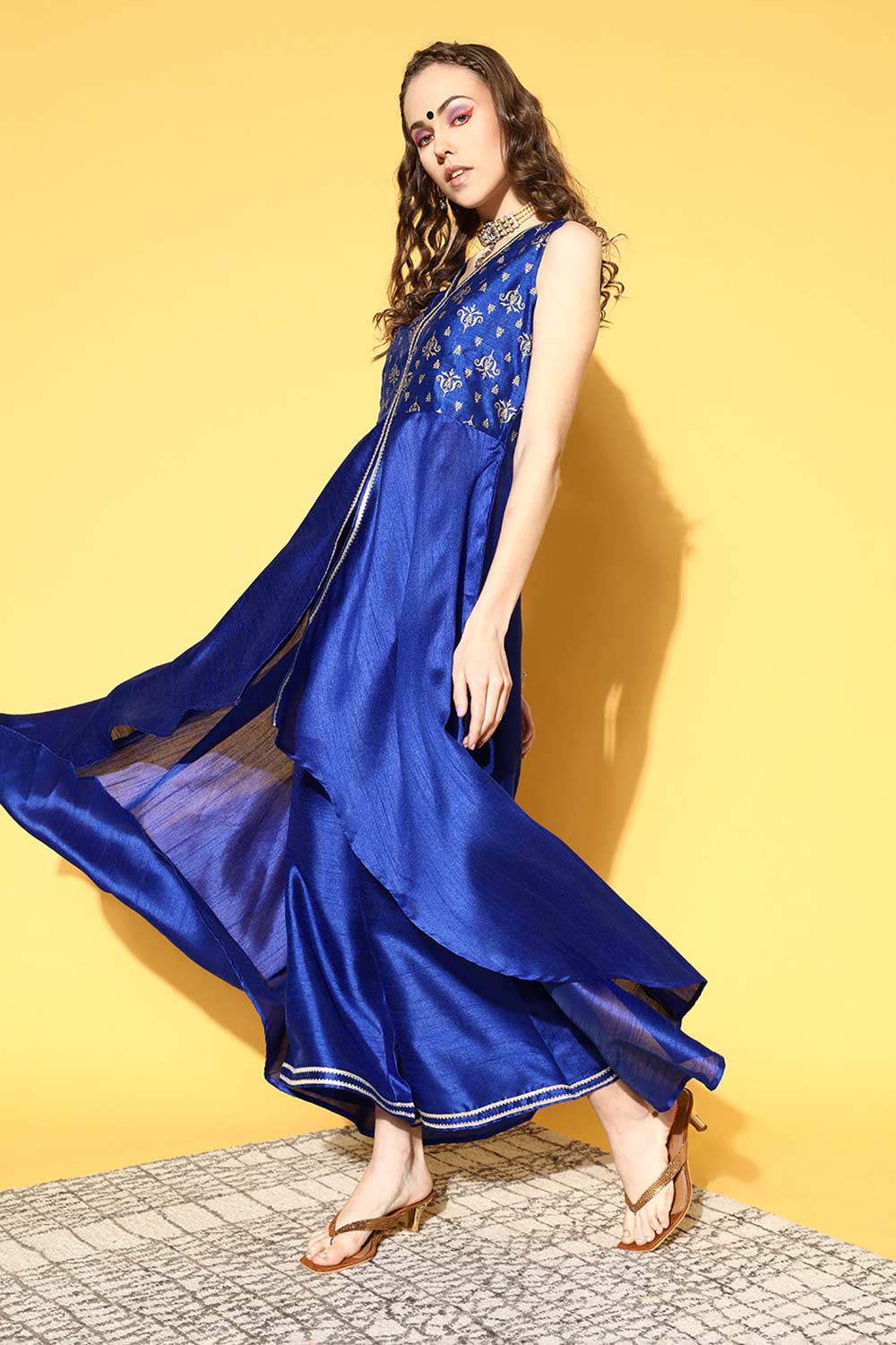 Royal Blue Poly Silk Printed Kurti Palazzo Combo for Women