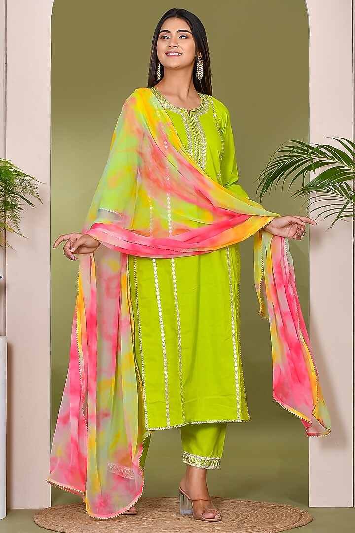 Fashionable Electric Green Cotton Kurta Set with Traditional Aari Work for Women Perfect for Wedding Functions and Evening Wear
