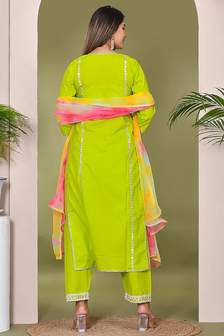 Fashionable Electric Green Cotton Kurta Set with Traditional Aari Work for Women Perfect for Wedding Functions and Evening Wear