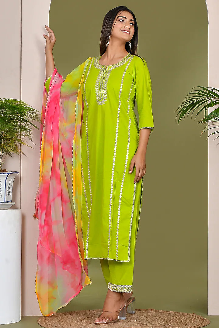 Fashionable Electric Green Cotton Kurta Set with Traditional Aari Work for Women Perfect for Wedding Functions and Evening Wear