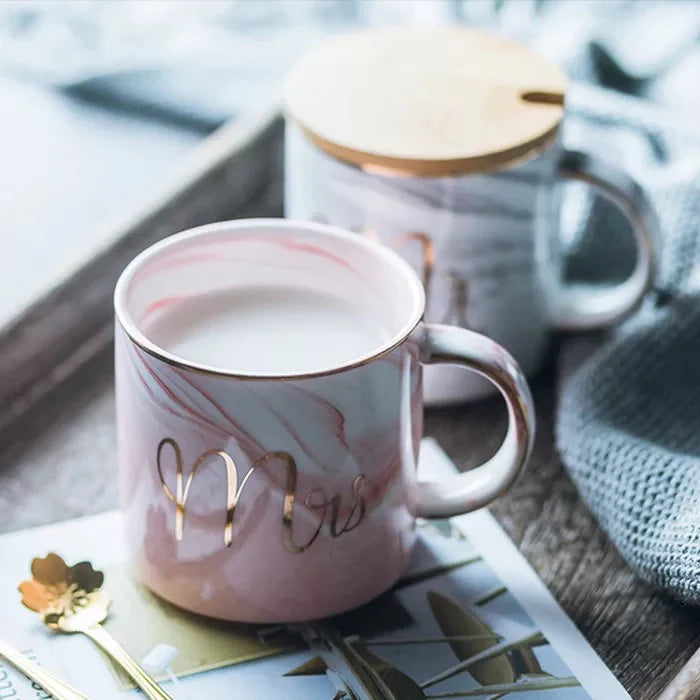 Romantic Mr and Mrs Marble Coffee Mug Set for Couples