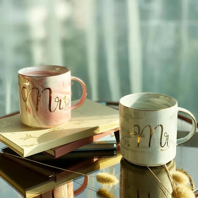 Romantic Mr and Mrs Marble Coffee Mug Set for Couples