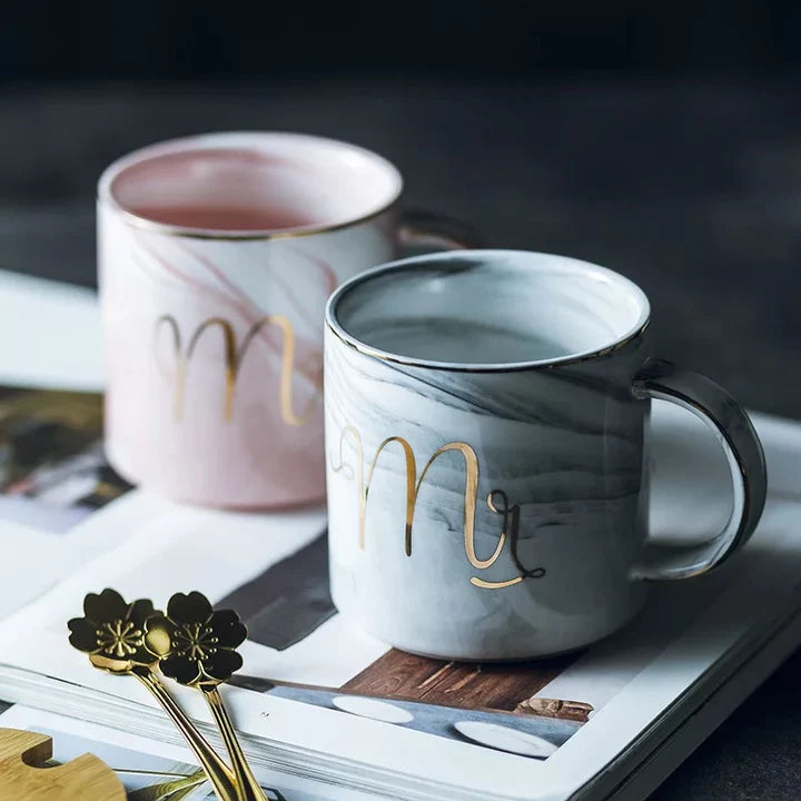 Romantic Mr and Mrs Marble Coffee Mug Set for Couples
