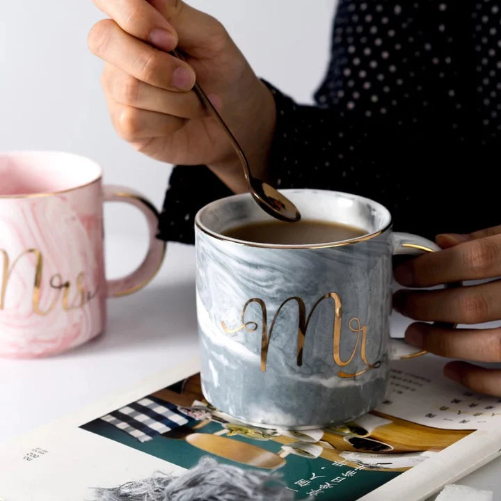 Romantic Mr and Mrs Marble Coffee Mug Set for Couples
