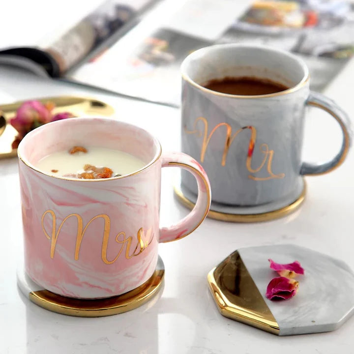 Romantic Mr and Mrs Marble Coffee Mug Set for Couples