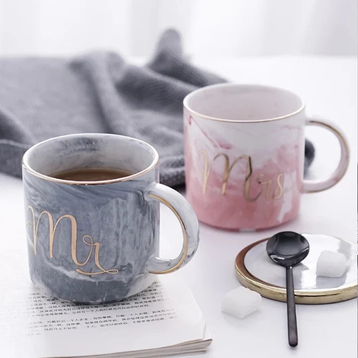 Romantic Mr and Mrs Marble Coffee Mug Set for Couples